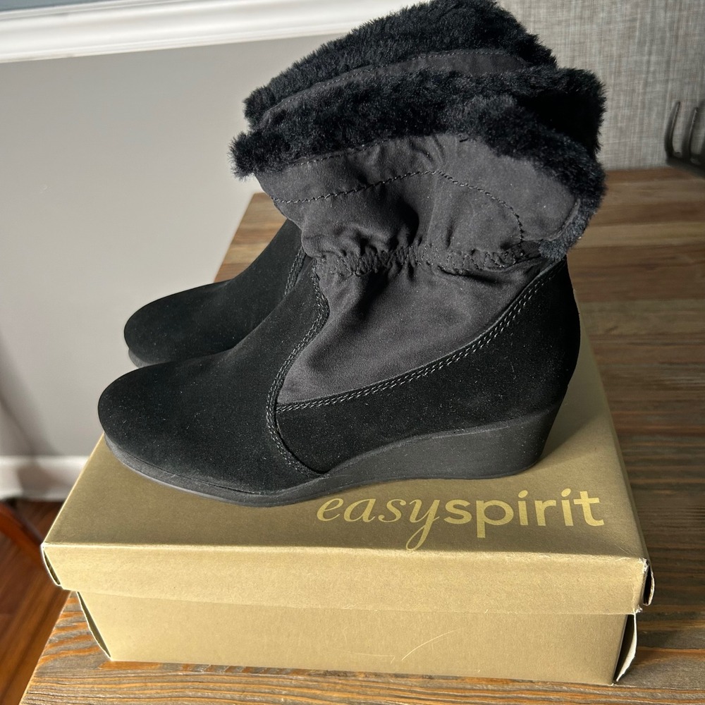 Easy Spirit Blusteryt Womens Black Suede Faux Fur Wedge Ankle Boots 7.5 M